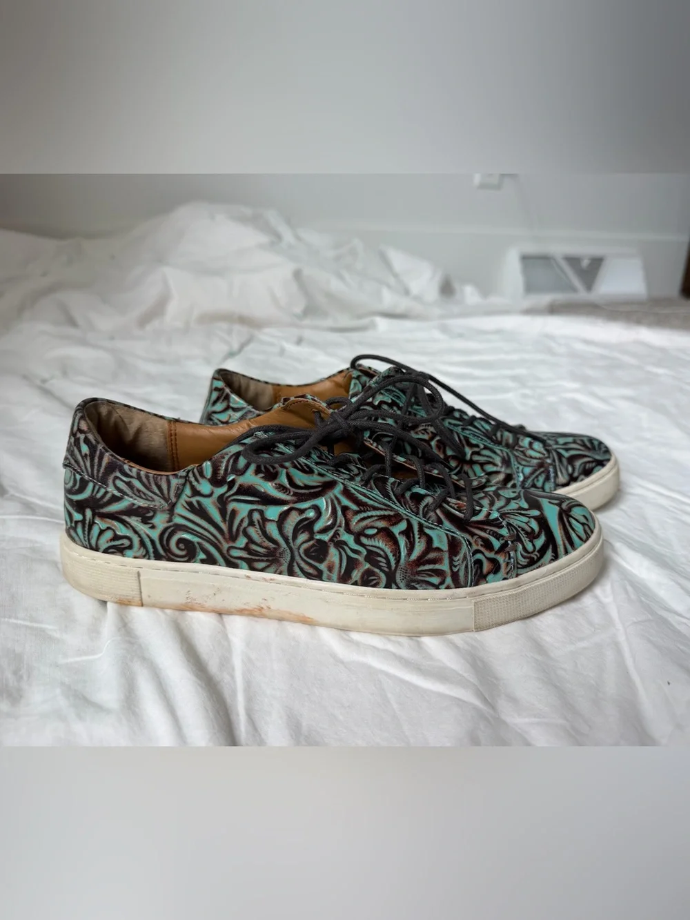 Patricia Nash Turquoise and Black Embossed Leather Sneakers - Picture 2 of 5